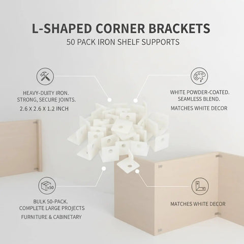 Pro Grade White Iron L Brackets For Furniture Assembly Corner Reinforcement Brackets 2.6 X 2.6 Inch Right Angle Supports Heavy Duty