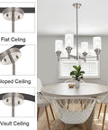 Four Light Modern Chandelier With Slick Brushed Nickel Finish Pendant Lighting With Clear Glass Shades in dining room