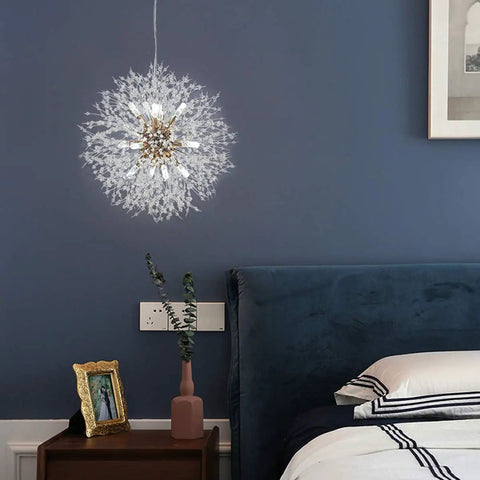 LED Firework Sputnik Chandeliers With 12 Lights Modern Crystal Ceiling Pendant In Gold Finish above a blue bed.