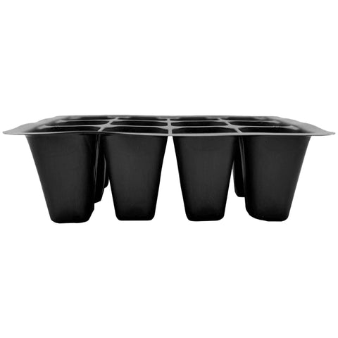 Side view of black plastic 12 Cell Seed Starter Tray Set With Drainage Holes, Plastic Seedling Trays For Veggies, Flowers And Succulents, Easy Transplant, Promotes Healthy Root Growth, Compact And Durable