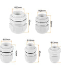 Set of nylon cable glands in 5 sizes from All-In-One 52-Piece Cable Gland Kit Set With 1/4, 3/8, 1/2, 3/4, 1 Inch Nylon Grey Cable Connectors.