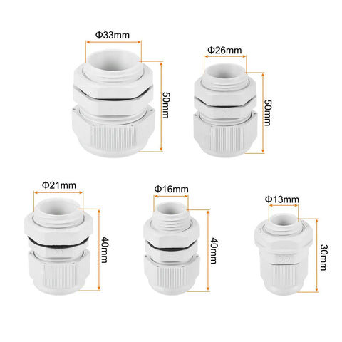 Set of nylon cable glands in 5 sizes from All-In-One 52-Piece Cable Gland Kit Set With 1/4, 3/8, 1/2, 3/4, 1 Inch Nylon Grey Cable Connectors.