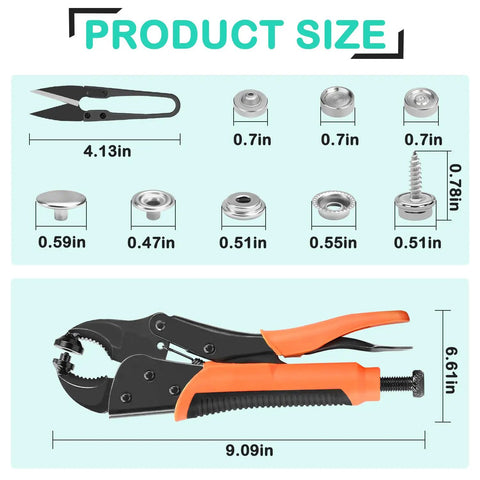 Heavy Duty Snap Fastener Tool Kit With 50 Sets Of Snaps And Rugged Pliers For Canvas Tarps Tents Awnings Clothing Leather And More Ideal For Pros And DIY Junkies with size chart of components and pliers