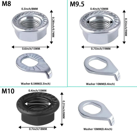 Bike Wheel Nut And Safety Washer Kit With Heavy Duty High Tensile Steel M8 M9.5 M10 sizes displayed