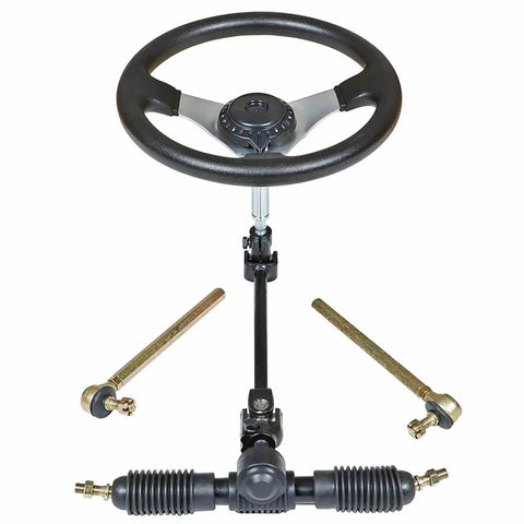 Steering Wheel and Rack Pinion Kit for 110cc Go Karts ATVs Buggy Quads, 300mm wheel, 320mm shaft, 36mm center gear rack shown