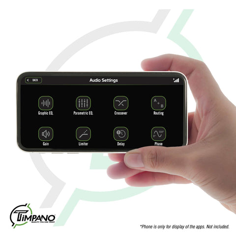 Hand holding smartphone with audio settings for Bluetooth DSP Car Audio Processor With Four Output Channels Full Digital Signal Processing Smartphone Control Built In Voltmeter And Remote Relay For Aftermarket And Factory Radios