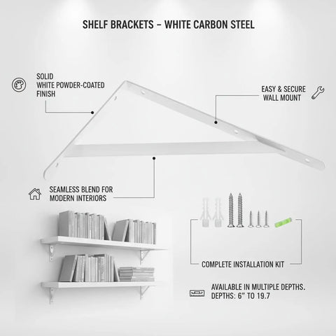 White Powder Coated Carbon Steel L Shaped Shelf Bracket For Floating Shelves Wall Mount Heavy Duty Wall Support with installation kit