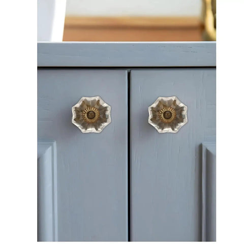 Six Piece Crystal Glass Cabinet Knob Set Handmade Clear Antique Knobs For Kitchen Cabinets Dressers Wardrobes Cupboards And Furniture Drawers Pulls With Timeless Glass Appeal Do It Yourself Friendly Easy Install showing two knobs on gray cabinet