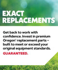 Text on green grass background with message about investing in premium Oregon replacement parts and guarantee statement.