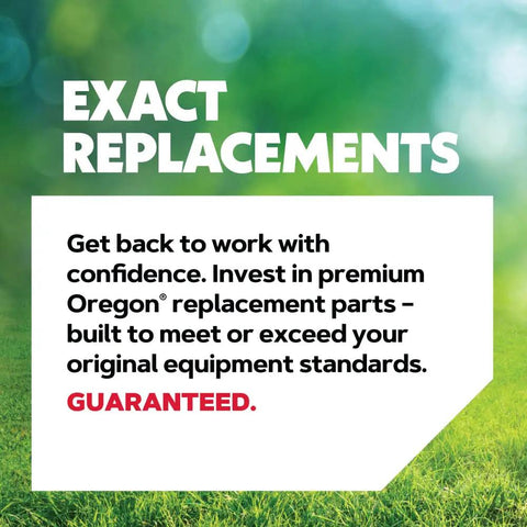 Text on green grass background with message about investing in premium Oregon replacement parts and guarantee statement.