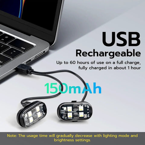 Wireless LED Strobe Lights Kit Four Lamp Beads With USB charging showing 150mAh battery for cars bikes motorcycles
