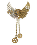 Cool Retro Vintage Industrial Gears Punk Brooch For Men And Women Distressed Bronze Mechanical Lapel Pin with chains and bird design.