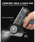 Cordless cardboard cutter with LED display, silver body, blade guard, hand-held.