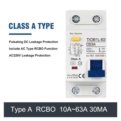 RCD Type A RCBO Residual Current Circuit Breaker 230V AC detailed view showing pulsating DC leakage protection.