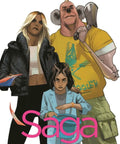 Cover of Graphic Novel Volume 10 by Brian K Vaughan featuring three characters from Saga, published by Book Riot.