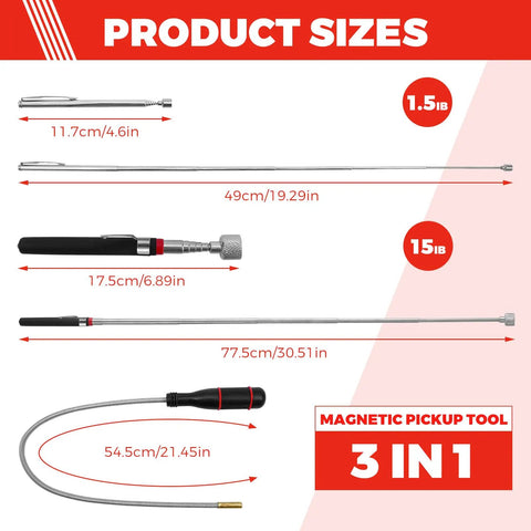 Three Pack Magnetic Pickup Tools Set With Extendable Telescopic Magnets One 1.5lb and One 15lb Reach Plus A Bendable 21.45 Inch Magnetic Pickup Tool Great For Auto Shop Home Garage Grabbing Nuts Bolts Screws And Debris