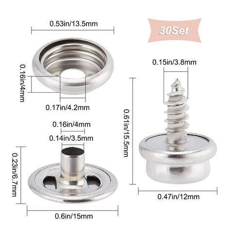 Badass Marine Grade Stainless Steel Snap Button And Rivet Fastener Kit For Boat Canvas Upholstery 30 set 3/8 inch screws and 13.5mm buttons