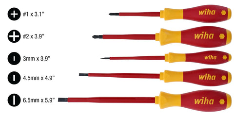 Five Piece 1000 Volt Insulated Slotted And Phillips Screwdriver Set With SoftFinish Cushioned Grips in varying sizes