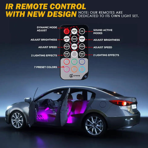 Car with RGB LED Car Interior Ambient Light Strips With Bluetooth And USB, Wireless Remote And App Control visible