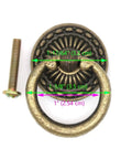 Close-up of Vintage Antique Brass Ring Pull Handle for Cabinets and Drawers, 1.4 inches, Zinc Alloy, with measurement details.