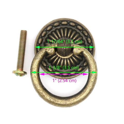 Close-up of Vintage Antique Brass Ring Pull Handle for Cabinets and Drawers, 1.4 inches, Zinc Alloy, with measurement details.