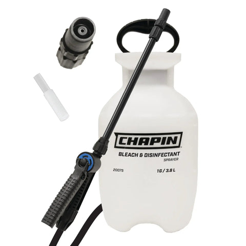 One Gallon Bleach Sprayer For Lawn And Garden Yard Work With Bleach Resistant Poly Tank Funnel Top Anti Clog Filter Adjustable Cone Nozzle 40 Inch Hose Ideal For Cleaning Mold And Disinfecting Outdoor Surfaces, with accessories shown.