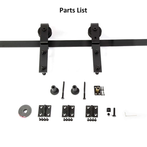 Bi-Fold Barn Door Hardware Kit For Closet, 30 Inch Track System For Two Doors, parts and black roller guides displayed.
