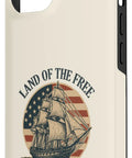 Patriotic Flag Sailboat Case For iPhone 14 With Red White And Blue Pride featuring 'Land of the Free' and ship graphic on beige case