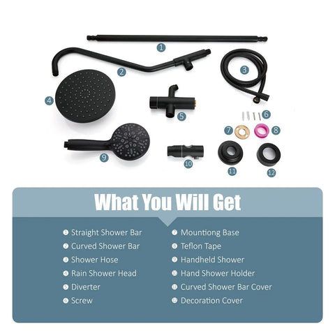 Retrofit Shower System With 8 Inch Rain Shower Head And 6 Function Handheld Sprayer components shown separately with accessories.