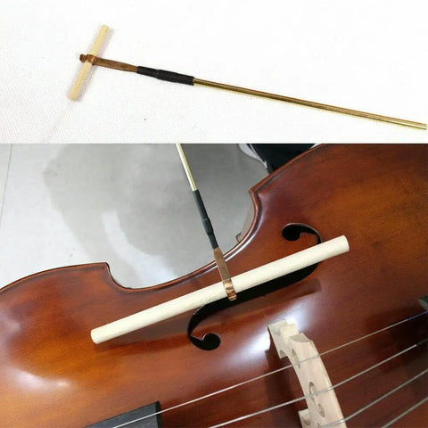 Pro Grade Violin Repair Tool Kit For Luthiers With Brass Sound Post Gauge shown in detail and in use on violin body.