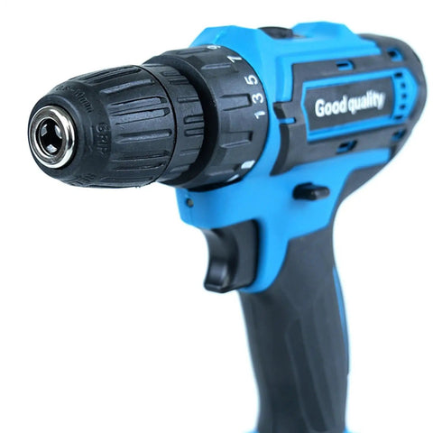 Heavy Duty 21V Brushless Cordless Drill Set With Badass Torque Two Speed Modes And Complete Screwdriver Bits For Concrete Metal Chores And Rapid Pro Diy Builds Today close-up of the drill's chuck and controls.