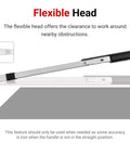 Flexible head feature of 3/8 Inch Drive Torque Wrench With 72-Tooth Split Beam, Accurate 20 to 100 ft-Lb Range, highlighting clearance.