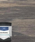 Top Shelf Water Based Reactive Wood Stain Delivers A Real Deal Aged Barrel Finish Perfect For Vintage Furniture Restoration With Quick Dry Performance And Low Odor in a quart can against a wood backdrop.
