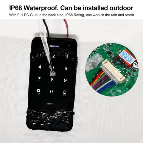All In One Door Entry Security Kit With Waterproof Fingerprint And RFID Keypad showing water resistance test with internal circuit board