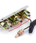 Back view of 2-Inch Triple Gauge Kit With Volt, Water Temp, And Oil Pressure Gauges, wiring and sensor attachment visible