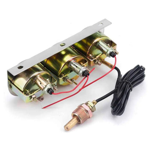 Back view of 2-Inch Triple Gauge Kit With Volt, Water Temp, And Oil Pressure Gauges, wiring and sensor attachment visible