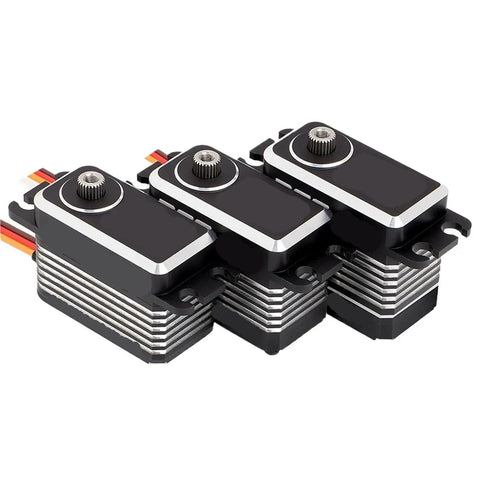 High Voltage Micro Servo Delivering Savage Sixty Kilogram Centimeter Torque With Durable Steel Gears And Weatherproof Build, three units side by side.