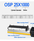 OSP 25X1000 rodless pneumatic actuator showcasing slider threads and air intake connections for smooth operation.
