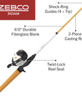 Roam Spincast Reel And Fishing Rod Combo, 6-Foot 2-Piece Fiberglass Rod, orange, with ComfortGrip handle, QuickSet Anti-Reverse feature.