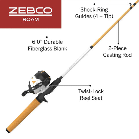 Roam Spincast Reel And Fishing Rod Combo, 6-Foot 2-Piece Fiberglass Rod, orange, with ComfortGrip handle, QuickSet Anti-Reverse feature.