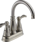 Porter Two Handle Centerset Bathroom Faucet In Brushed Nickel With Mid Arc Spout 7 Inch High, 5 Inch Reach, Easy Grip Lever Handles