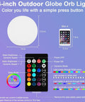 Diagram of 14 Inch LED Ball Light Outdoor Indoor Globe Lamp with remote control featuring 16 RGB colors and dynamic effects.