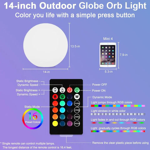 Diagram of 14 Inch LED Ball Light Outdoor Indoor Globe Lamp with remote control featuring 16 RGB colors and dynamic effects.