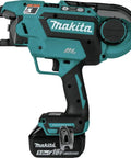 Makita XRT01TK 18V LXT Brushless Cordless Rebar Tying Tool Kit With 5.0Ah Battery side view showcasing compact design.