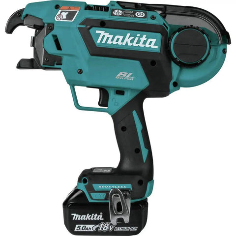 Makita XRT01TK 18V LXT Brushless Cordless Rebar Tying Tool Kit With 5.0Ah Battery side view showcasing compact design.