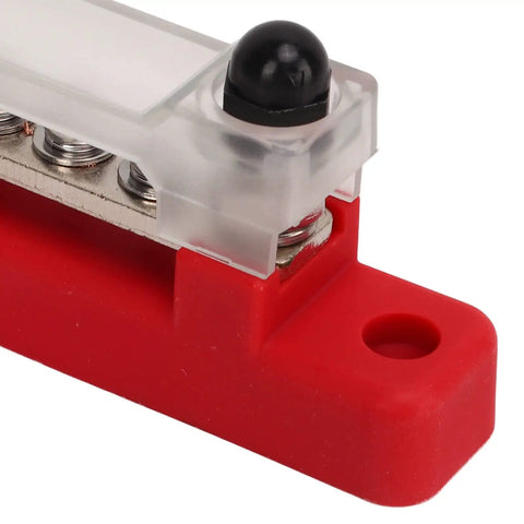 Close-up of Six Terminal Bus Bar Power Distribution Block High Current 150A DC 48V Marine Grade Plated Brass With Cover