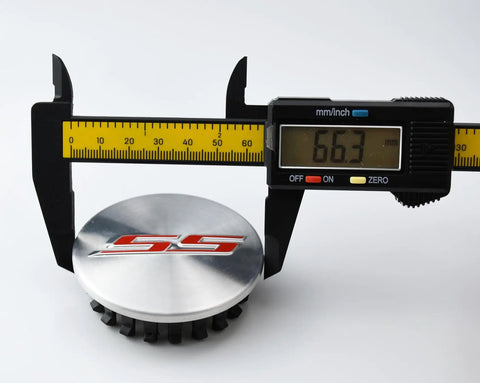 Fresh Set Of Four 68 Millimeter Stainless Steel Wheel Center Caps Featuring Raised Double Slash SS Badges For Chevy Camaro Rim Covers showing measurement of cap size.