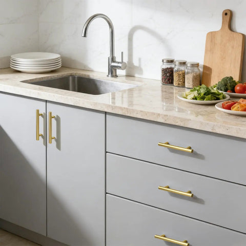 10 Pack Brushed Gold Cabinet Pulls, 3 Inch Hole Center Kitchen Cabinet Handles visible on light gray cabinets below sink