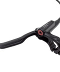 Left Front Hydraulic Bike Brake And Lever Kit With 850mm Hose Aluminum Alloy Caliper Resin Pads Pre Bled Three Finger Reach Adjustable Is PM Compatible Adapter Included Black shown at an angle emphasizing the lever and hose connection