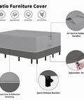 Rectangle Patio Furniture Cover For Outdoor Tables And Chairs 110 By 84 Inches Heavy Duty All Weather Waterproof And UV Resistant With Tape Sealed Seams Fits Sectional Sofa Sets 28 Inch Tall Gray And Dark Gray on patio furniture with air vent, handles, adjustable strap, and buckles.